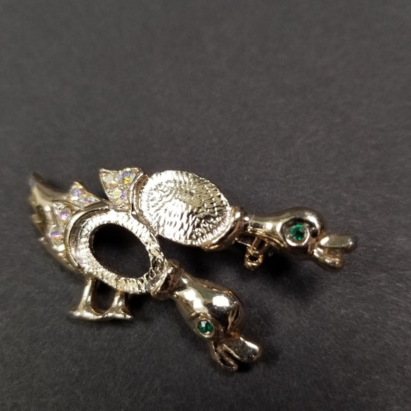 Jewelry - Vintage Gold Tone Double Duck Brooch Green Eye AB Crystal Rhinestone‎ Bird Pin